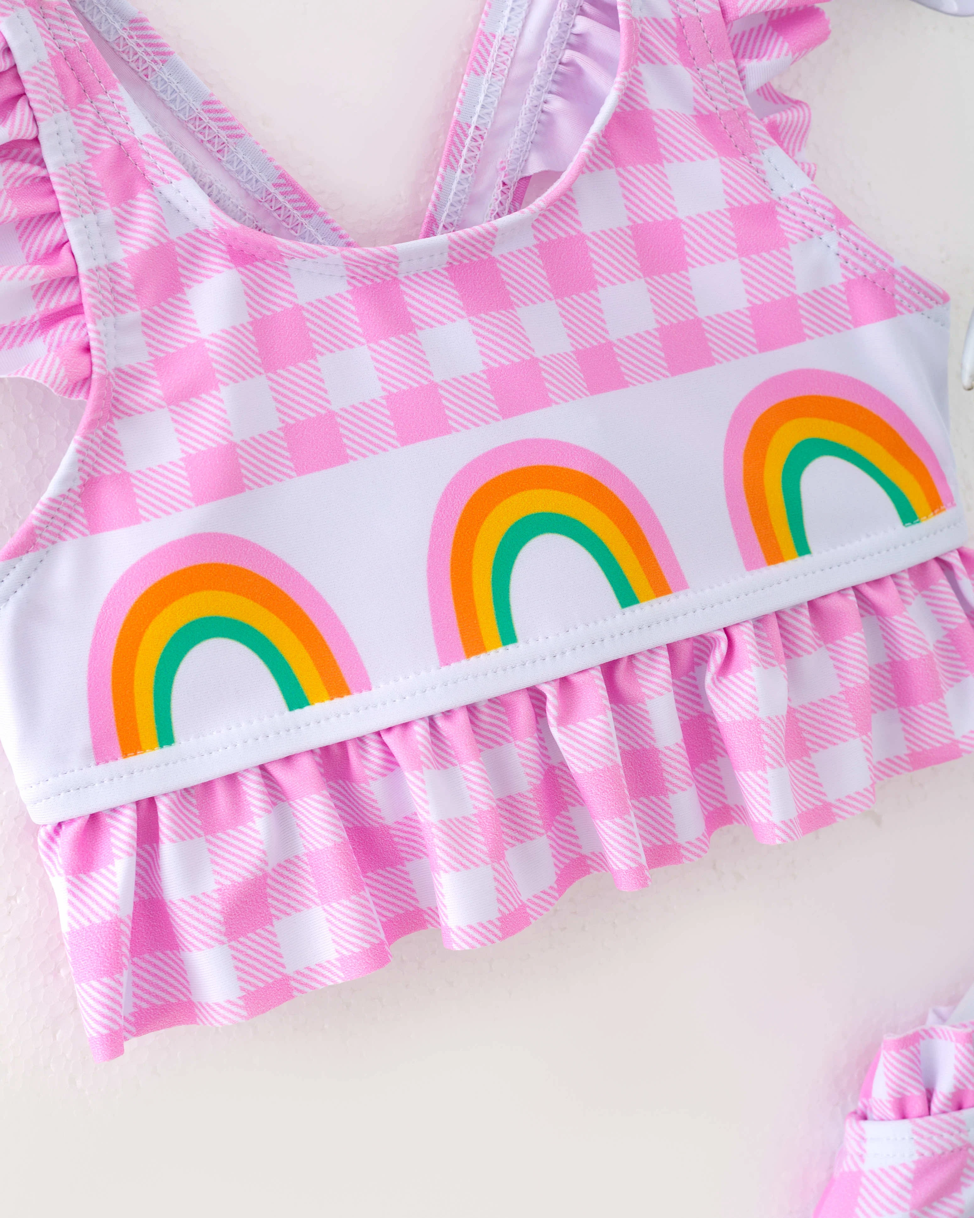 Pink Checkered Rainbow Ruffle Girl Bikini Swimsuit