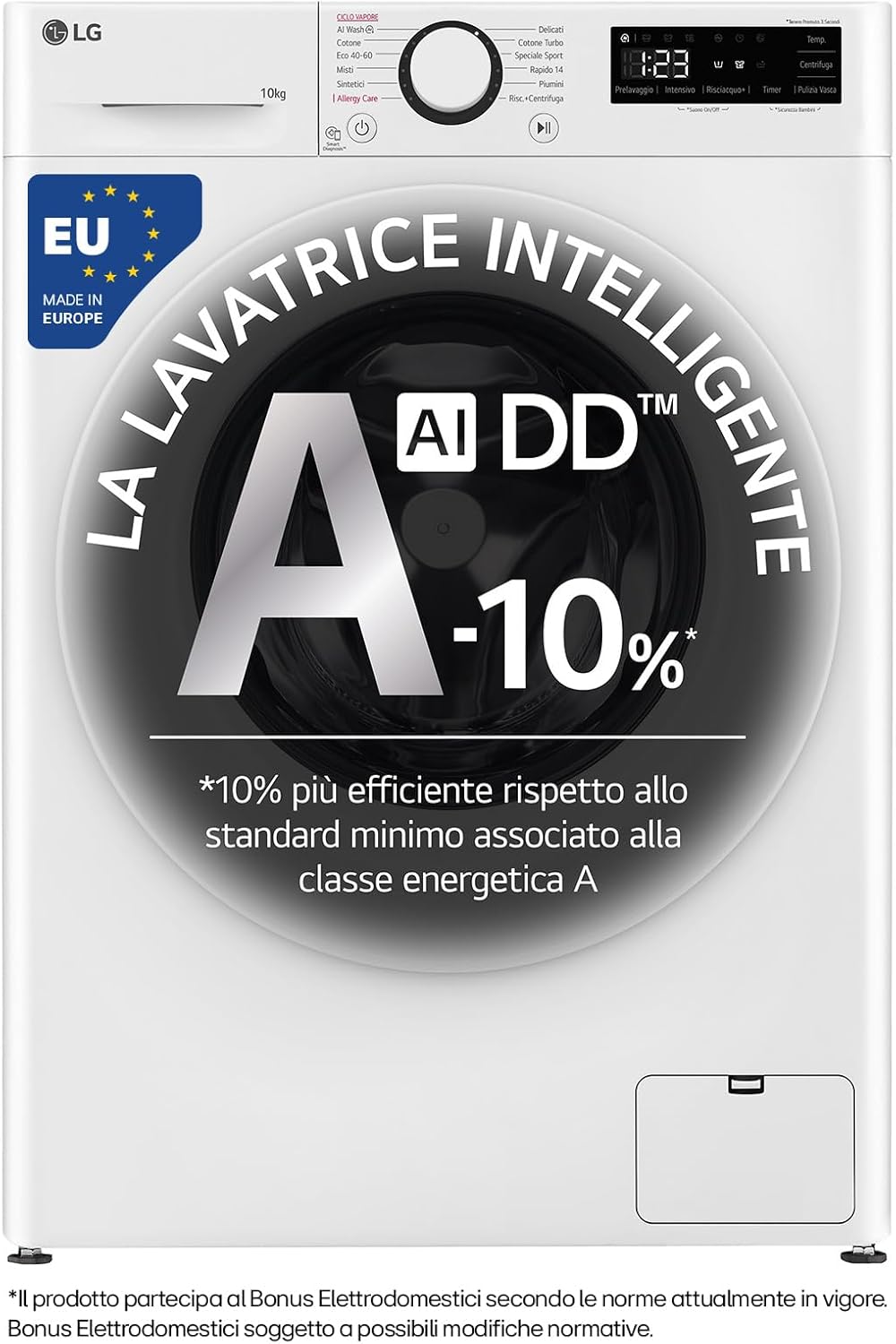 LG AI DD F4R3010NSWW Washing Machine Class A -10%, Front Load Series R3, Washing Machine 10 kg, 1400 RPM, AIWash, Steam Wash, Direct Drive Engine, Smart Diagnosis, Freestanding, White