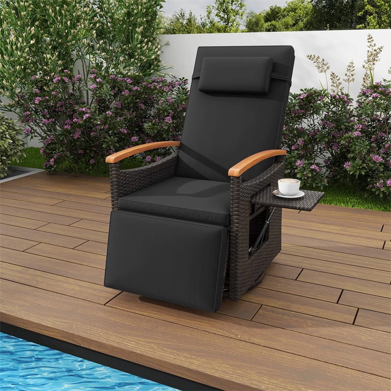 Outdoor Rattan 360° Swivel Recliner Chair, Patio Wicker Chaise Lounge Chair with Adjustable Backrest & Footrest, Flip Side Table & Cushions