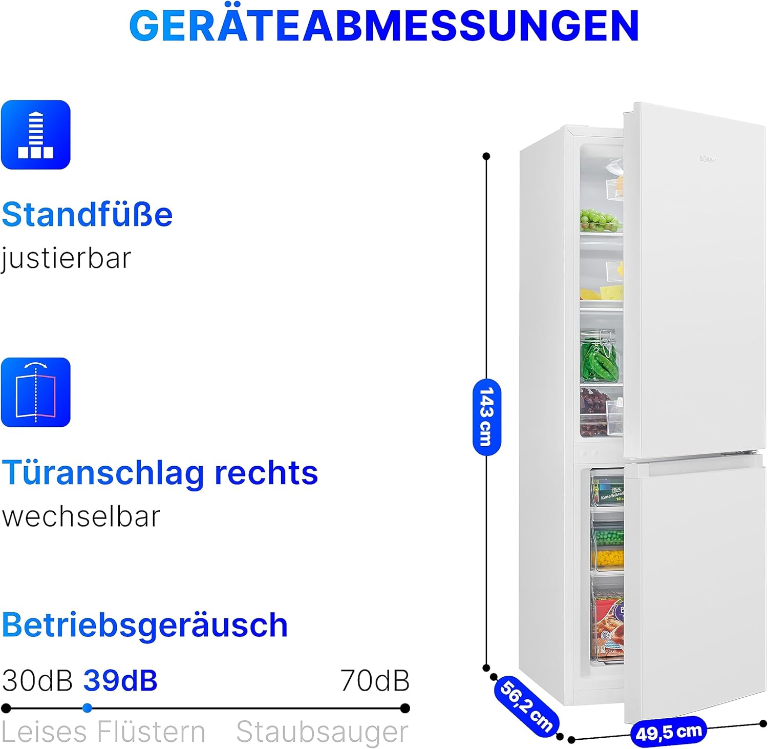 Bomann® Kühlschrank mit Gefrierfach 143cm hoch | Kühl Gefrierkombination 175L mit 3 Ablagen & 3 Schubladen | Türanschlag wechselbar | leise Kühlgefrierkombi 39db | Kühlschrank KG 322.1 inox-look