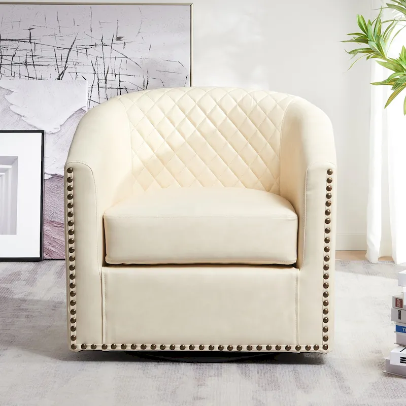KINWELL 29 Wide Tufted PU Leather Swivel Barrel Chair