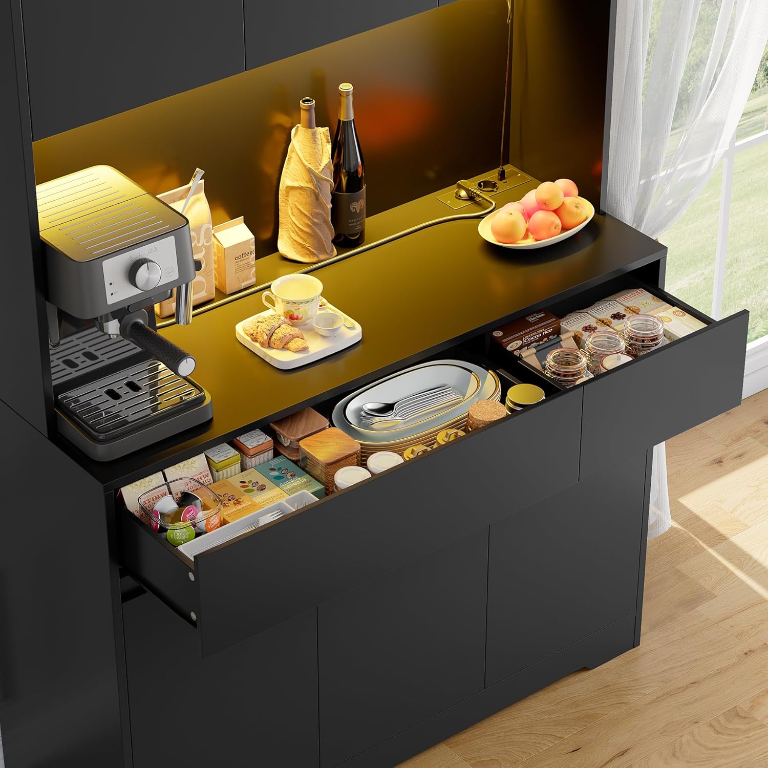 FirFurd Küchenschrank Buffetschrank mit LED und Steckdose Küchenschrank mit Arbeitsplatte Sideboard für Küche Wohnzimmer Esszimmer Küchenbuffet 180x100x38,5cm schwarz