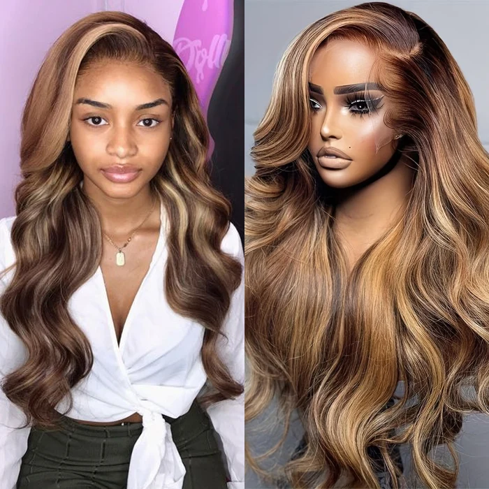4/27 Highlight Ombre Wig Body Wave Remy Human Hair Lace Front Wigs For Women