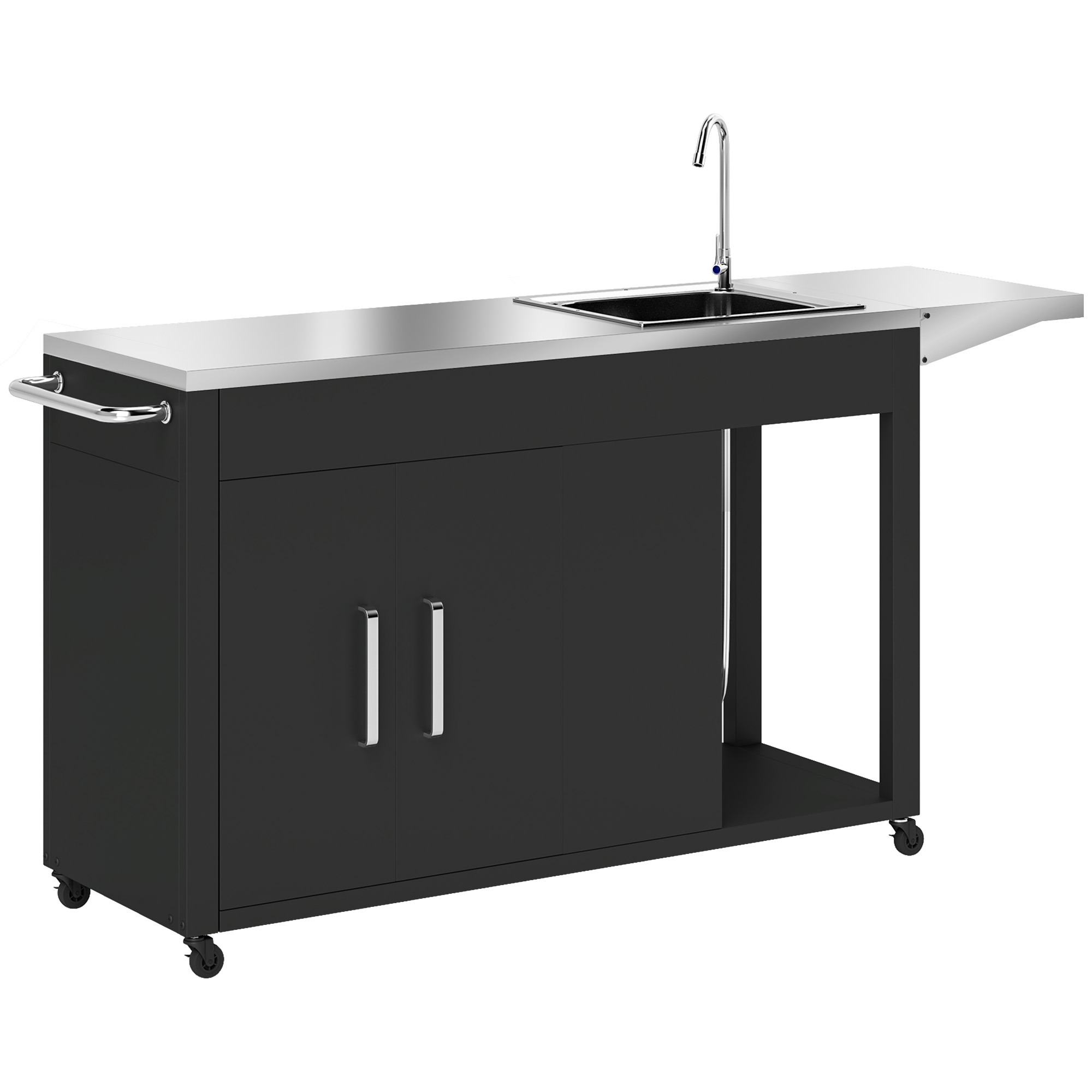 Outsunny Grillwagen Serveerwagen met Werkblad, Uitklapbare Zijplank, Kast, Spoelbak, Wielen, Roestvrij Staal 162,5x47x87cm Zwart
