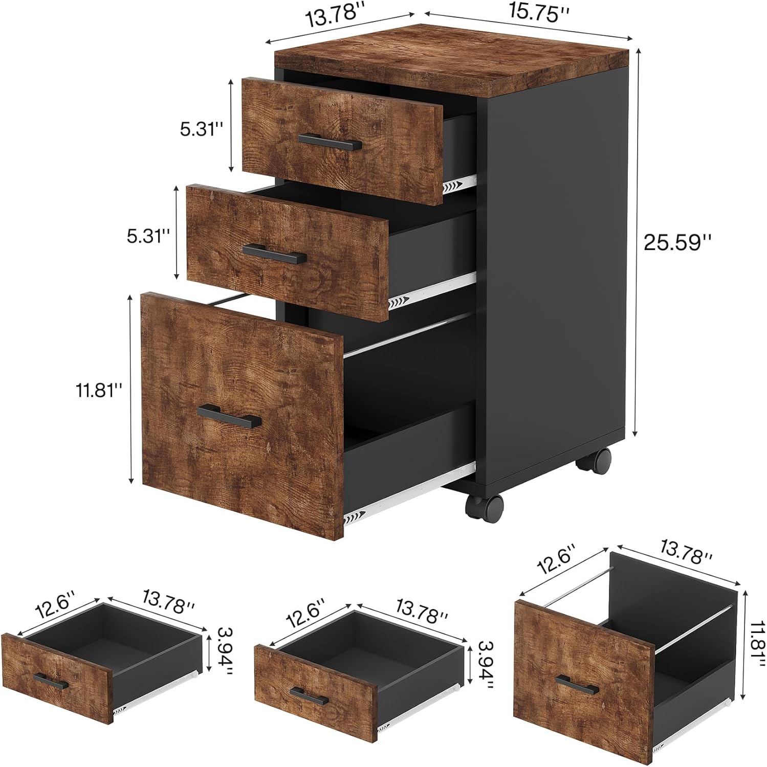 Triebsigns 3 Drawer File Cabinet, Vertical Mobile Filing Cabinet, Under Desk Rolling Printer Stand for Home Office, fits A4 or Letter Size (Brown)