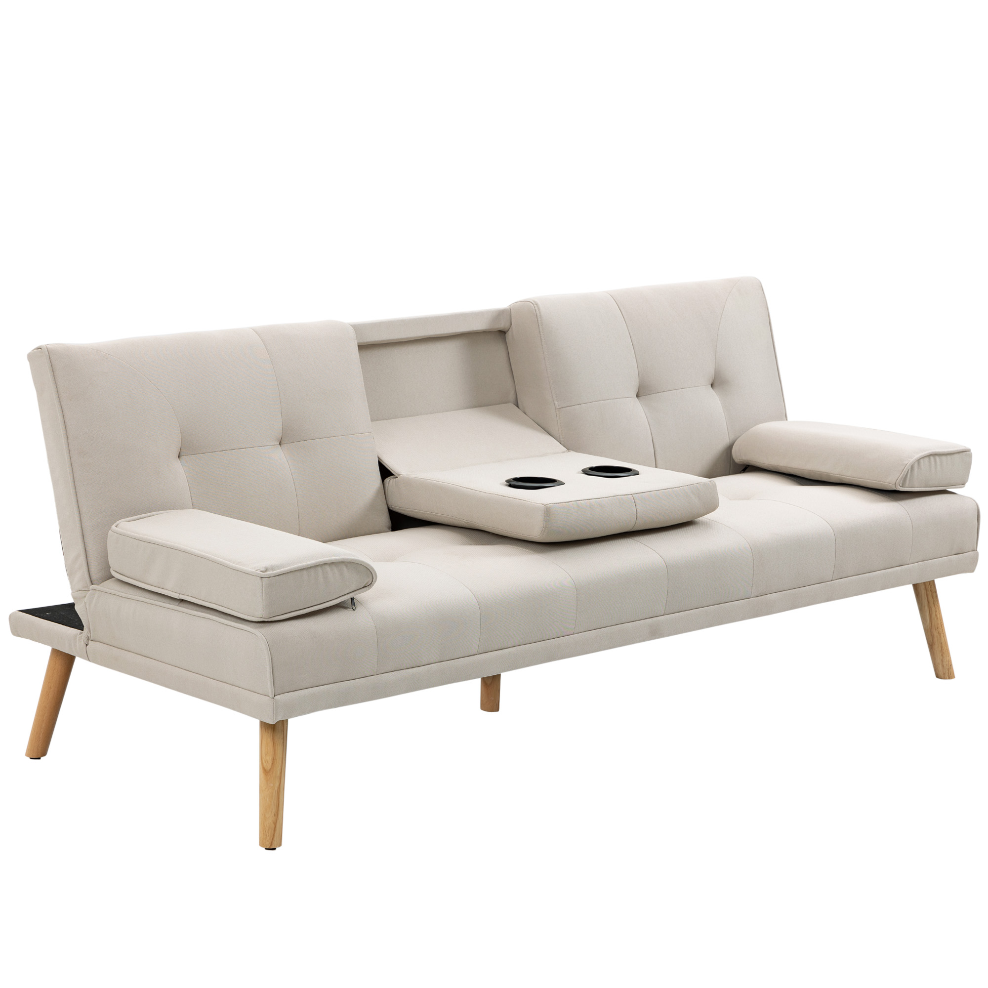 HOMCOM Slaapbank 3-zits, verstelbare rugleuning met inklaptafel, twee armkussens, linnenlook, beige, 181 x 77 x 78 cm