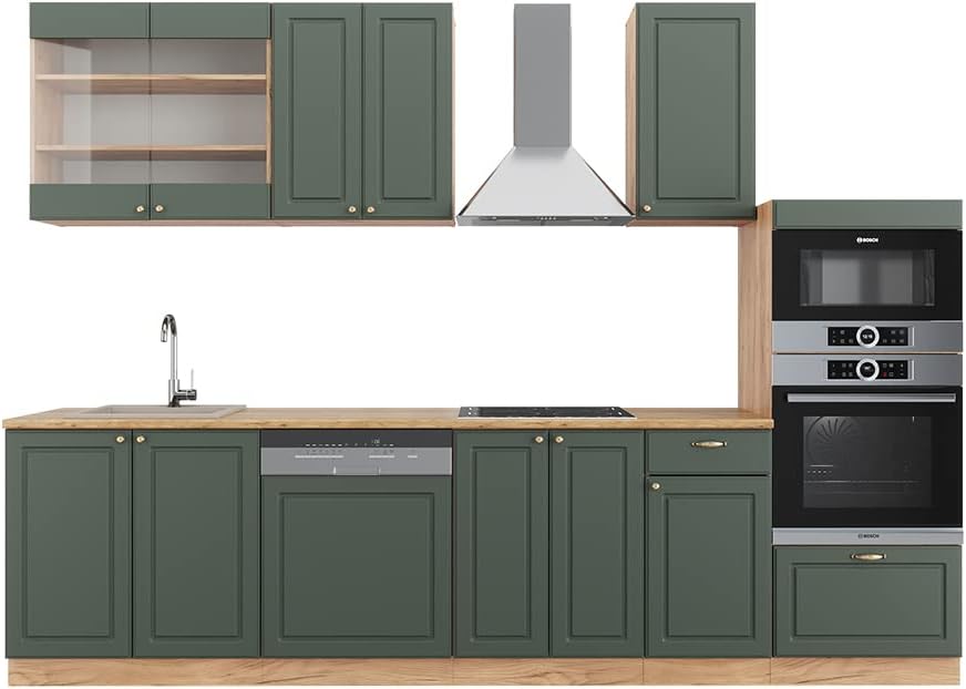 Vicco Küchenzeile Fame-Line, Grün-Gold Landhaus/Goldkraft Eiche, 300 cm mit Hochschrank, ohne Arbeitsplatte