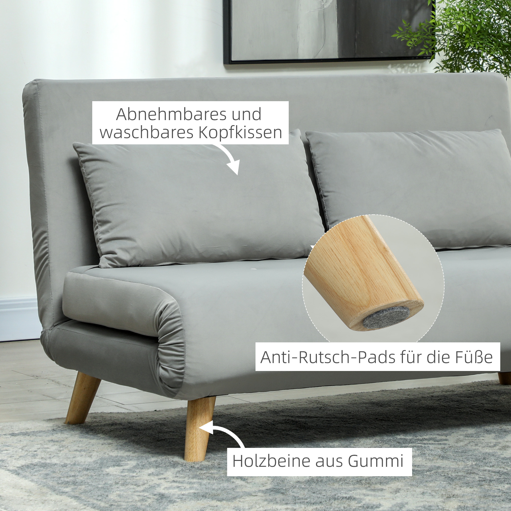 HOMCOM Slaapbank Relaxbank Bank Sofa, incl. 2 Kussens, Fluweel Look, 130 x 78 x 79 cm, Lichtgrijs