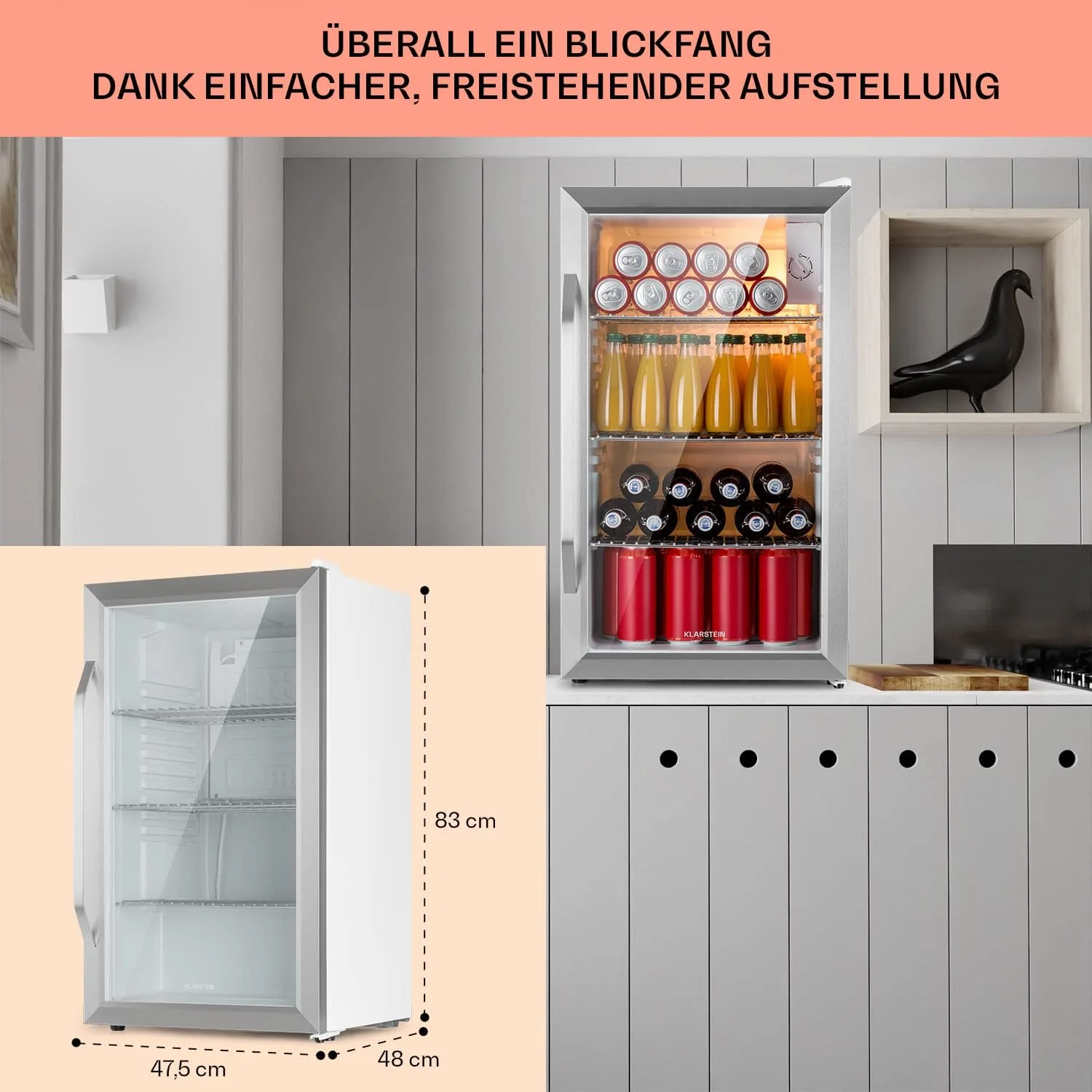 Klarstein Mini Koelkast met Glazen Deur voor Kamer, Drankenkoelkast met Verstelbare Planken, Klein 80 Liter, Indoor/Outdoor Koelkast Stil