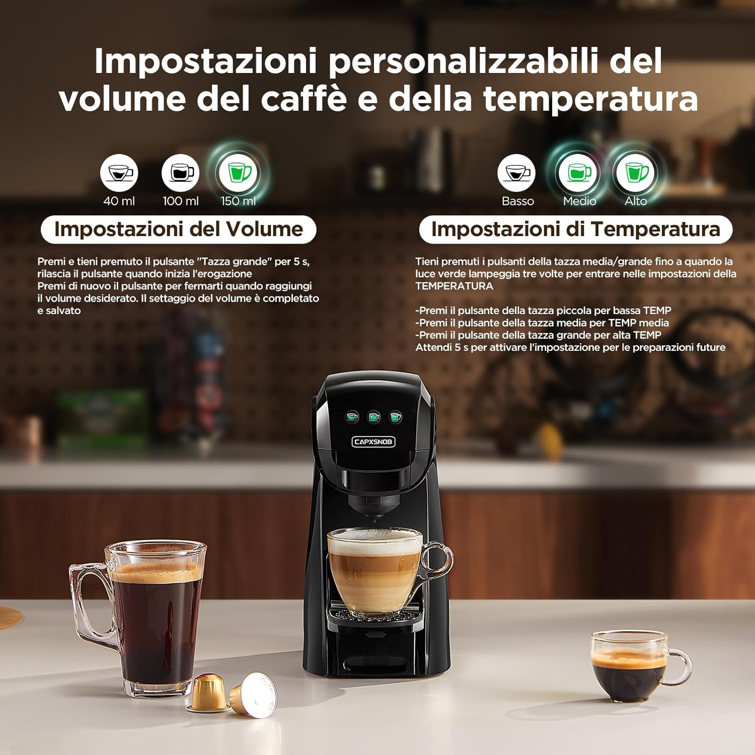 Warriors1 Macchina da Caffè a Capsule 5 in 1 per Nespresso, Lavazza A Modo Mio, Espresso Point, Dolce Gusto e Caffè Macinato, 20 bars, 0,8 L, Calore e Quantità Regolabili, Compatta per Casa e Ufficio