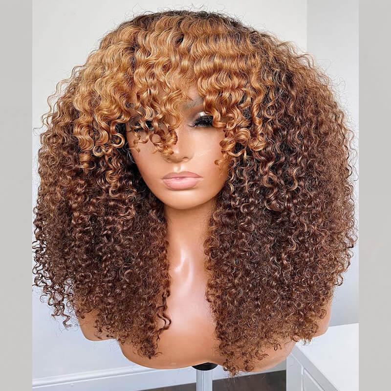 P4/27 Ombre Afro Kinky Curly Wig With Bangs Full Machine Made Wigs 220% Density Human Hair