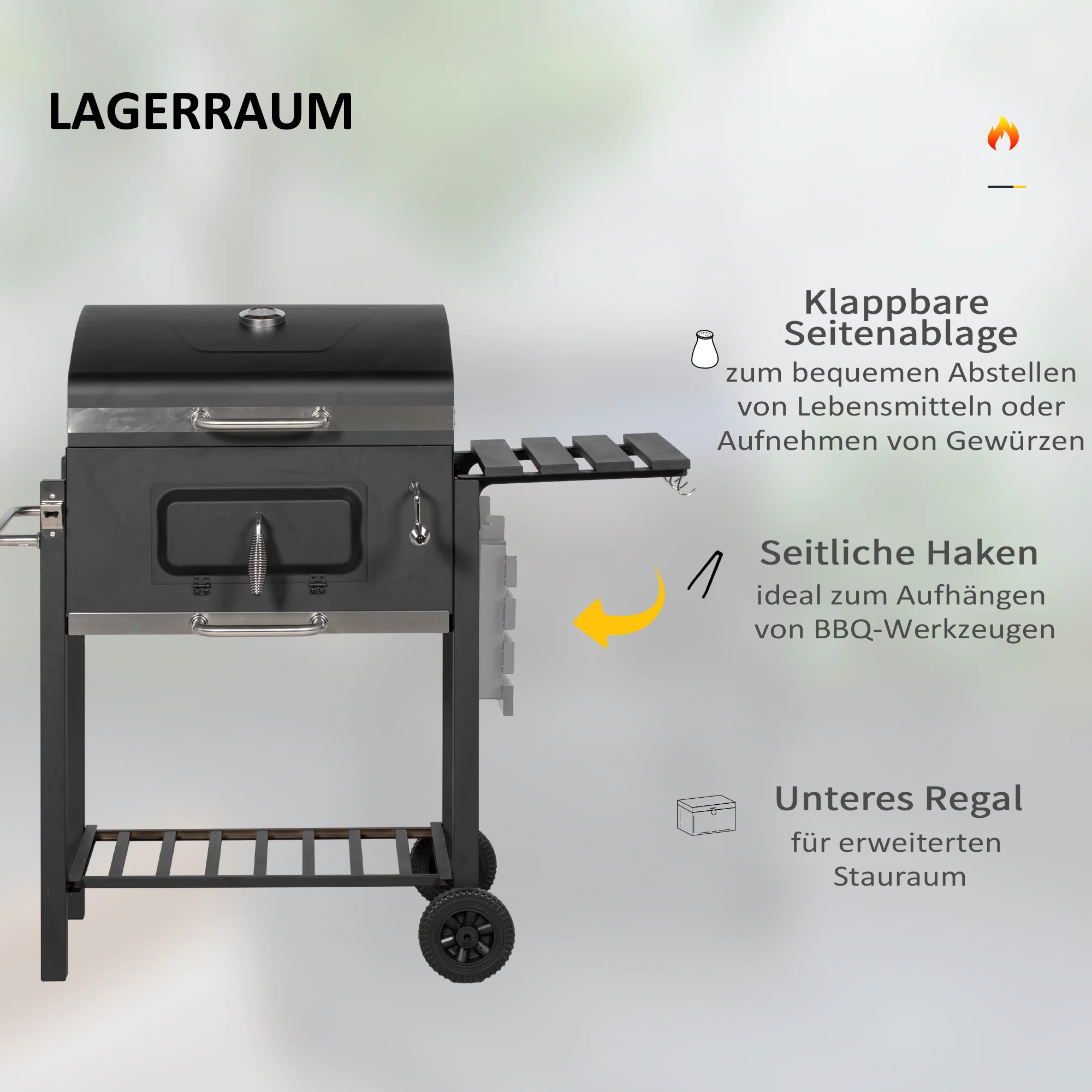 Outsunny Houtskoolbarbecue Smoker BBQ-Smoker, 1 Opbergruimte, 1 Handdoekhouder, 2 Grillroosters, 113 cm x 65 cm x 108 cm, Zwart