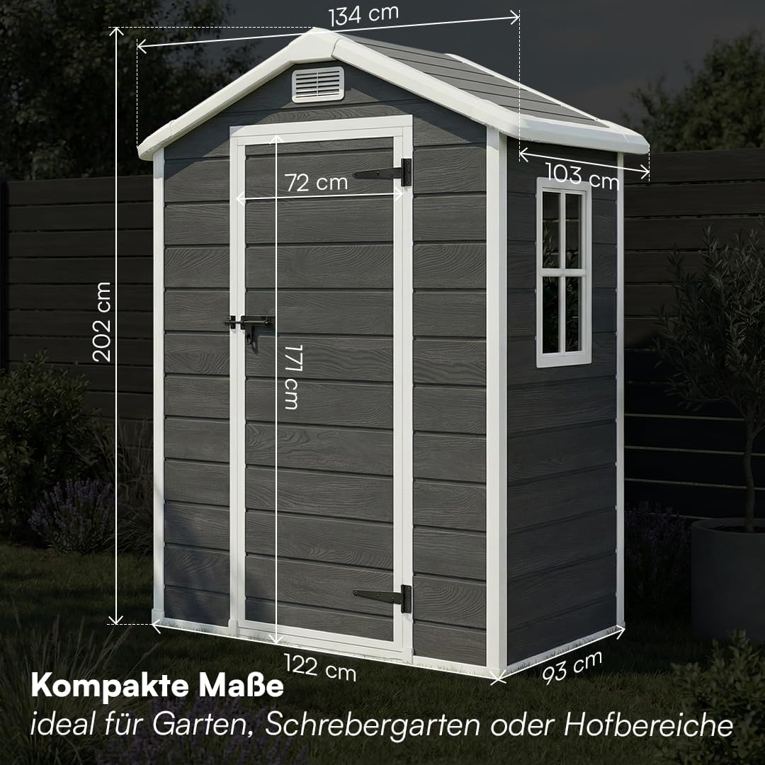 STEELSØN Novara Gerätehaus – Gartenschuppen mit Satteldach & Fenster – Gartenhaus 202x103x134 cm (HxTxB) – Geräteschuppen aus Kunststoff in Dunkelgrau – Gartenhütte wetterfest & rostfrei – Schuppen