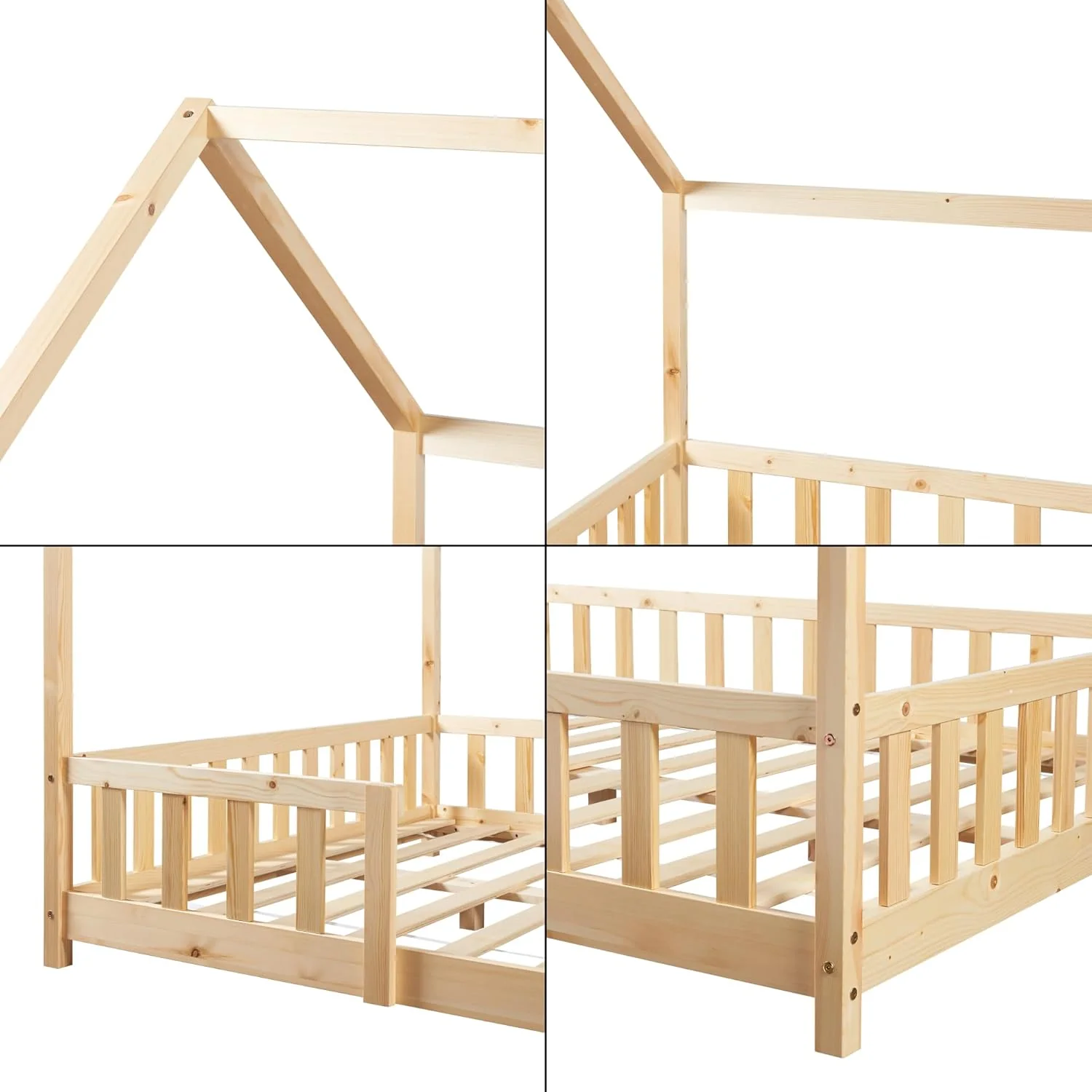 [en.casa] Letto per bambini Sisimiut a capanna 80 x 160 cm con protezione anticaduta letto in legno per bambini letto a terra rete a doghe in legno di pino Bianco opaco