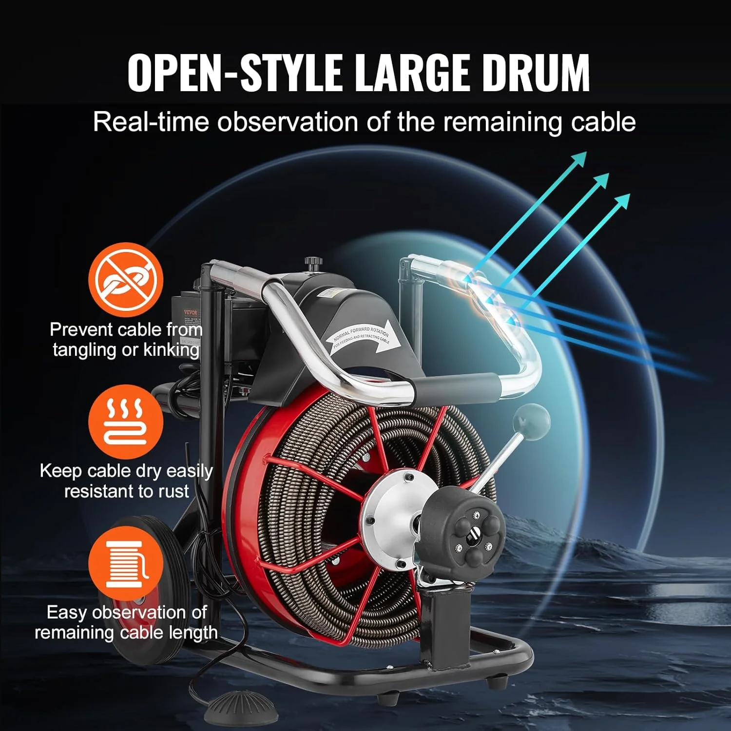 Drain Cleaner Machine 100FT x 1/2 Inch, Auto Feed Sewer Snake Auger on Wheels, 550W Portable Drain Cleaning Machine with 8 Cutters & Air-activated Foot Switch for 2