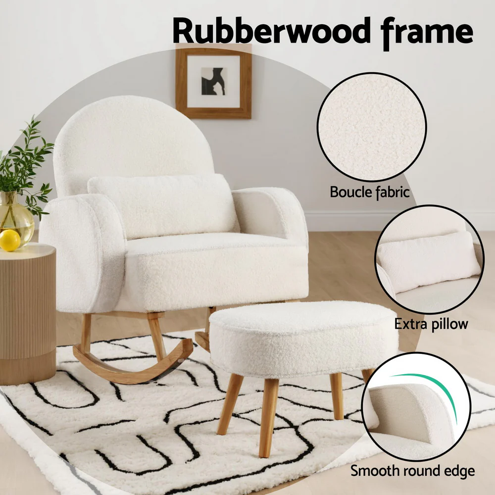 Artiss Armchair Rocking Chair Ottoman Lounge Footrest Round Nursing Boucle White