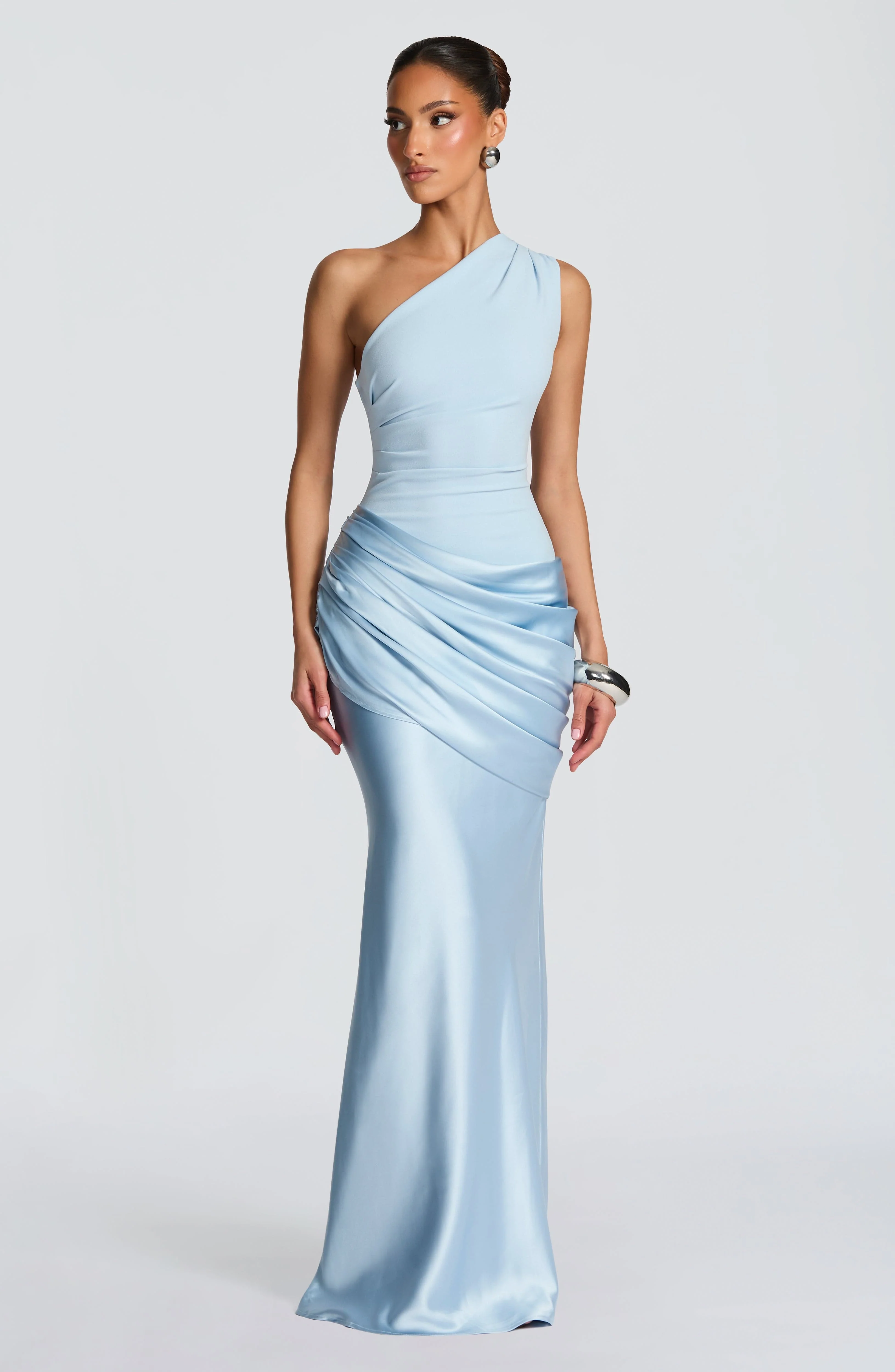 Womena??s One Shoulder Satin Maxi Dress Elegant Ruched Design