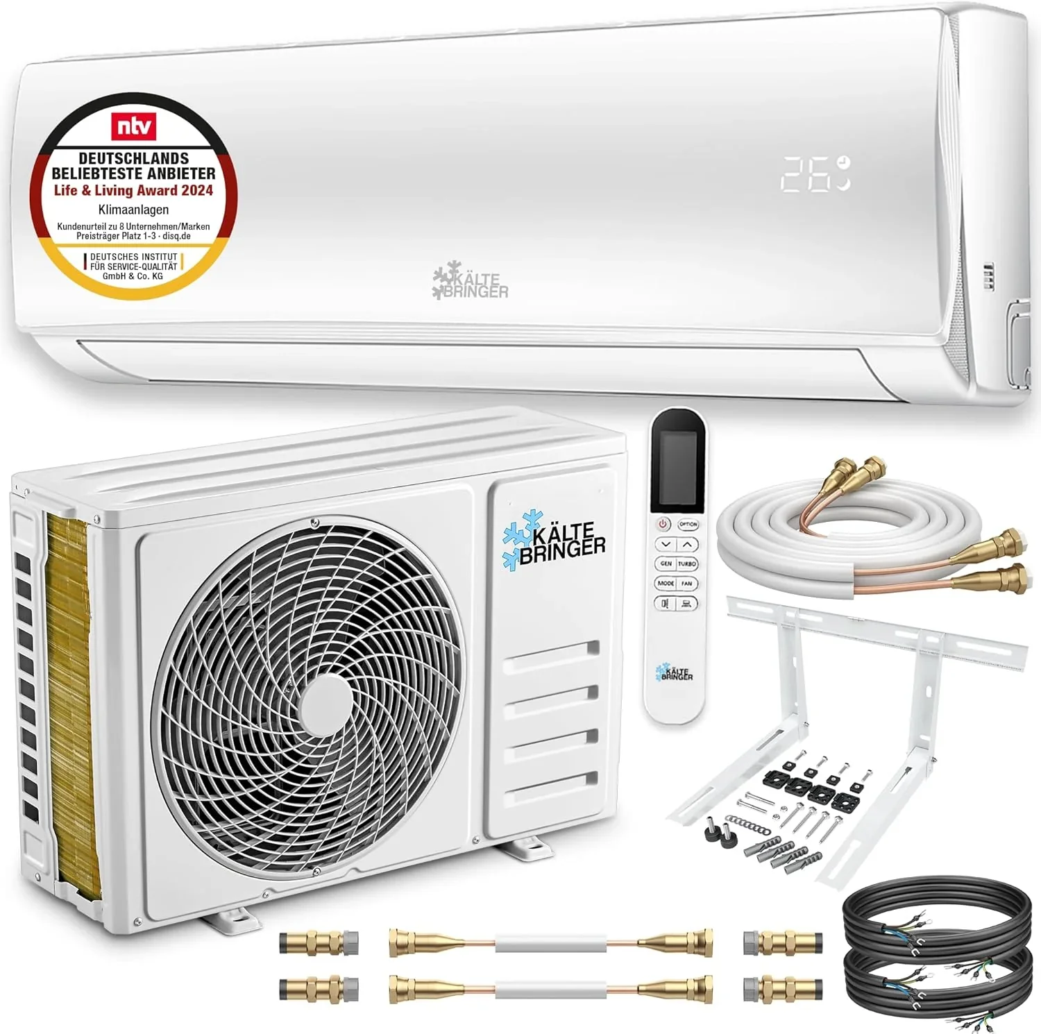 Kältebringer Split Klíma Gyors Csatlakozással - 12000 BTU (3,4 kW) Légkondicionáló Fűtési Funkcióval, WiFi & Alkalmazás, akár 91nm-ig, nagyon csendes - 5m Rézcső, R32 Hűtőközeg, Szerelési Anyag, Fali Tartó