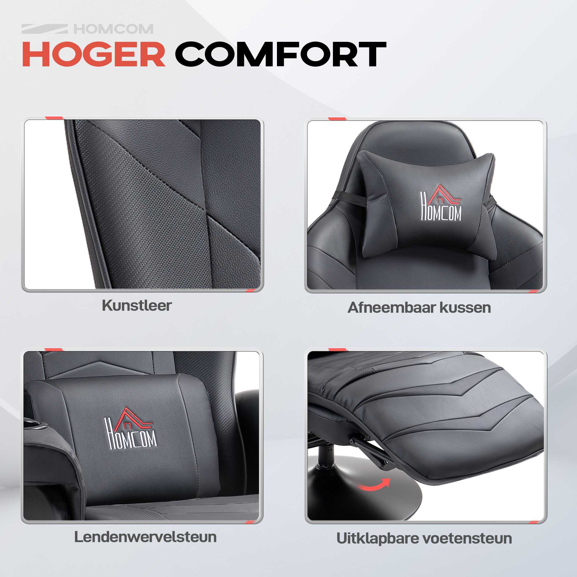 HOMCOM Gamingstoel, Massagefunctie, Kantelbare Rugleuning, Voetensteun, tot 120 kg, Stalen Frame, Kunstleer, Zwart