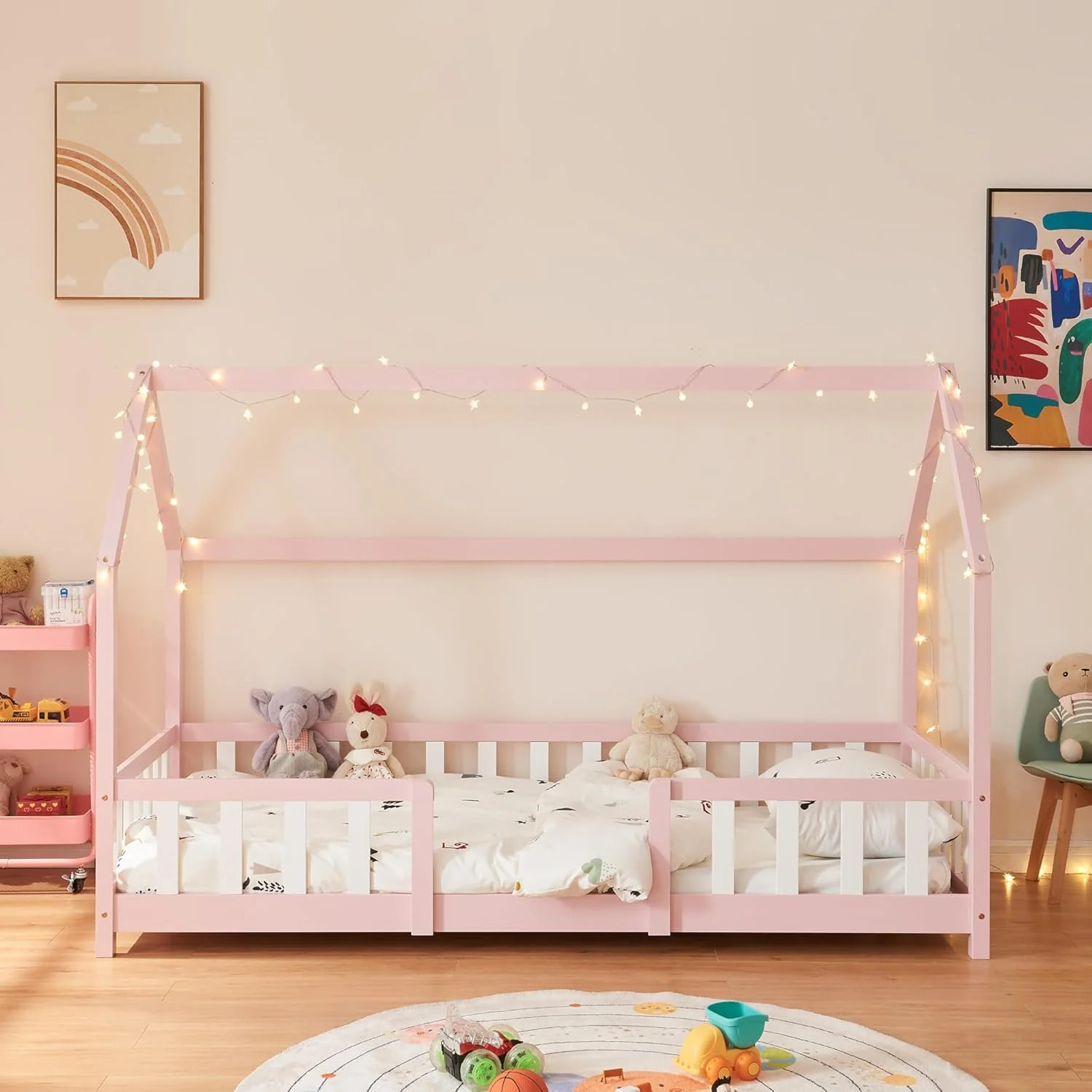 [en.casa] Letto per bambini Sisimiut a capanna 80 x 160 cm con protezione anticaduta letto in legno per bambini letto a terra rete a doghe in legno di pino Bianco opaco