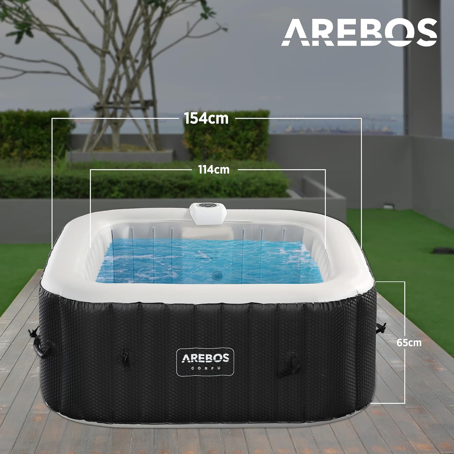 Arebos Whirlpool | 154 x 154 cm | mit LED-Beleuchtung | aufblasbar | quadratisch | In- & Outdoor | 4 Personen | 100 Massagedüsen | mit Heizung | 600 L | Inkl. Abdeckung | Bubble Spa & Wellness Massage