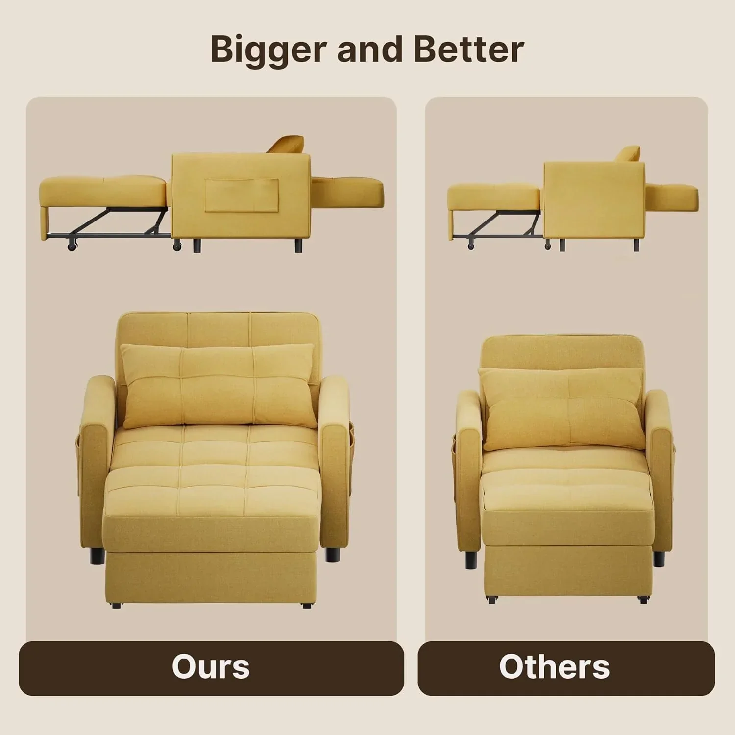 Sofa Bed Chair 3 in 1 Convertible Pullout Single Sleeper Chair Bed Spacious Multifunctional Sofa