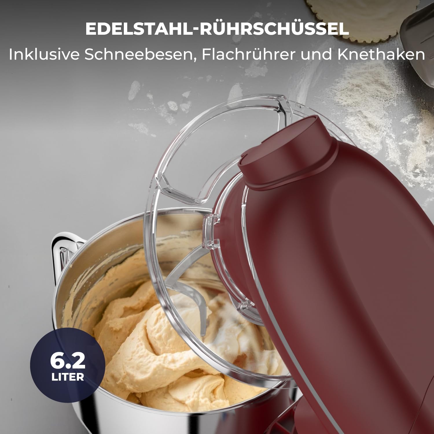 6-in-1 Küchenmaschine – 2000W – Mit Fleischwolf, 1,5L Entsafter, Gemüseschneider und Mehr – Knetmaschine mit 6,2L Rührschüssel, Rührhaken, Knethaken, Schlagbesen und Spritzschutz (Rot)