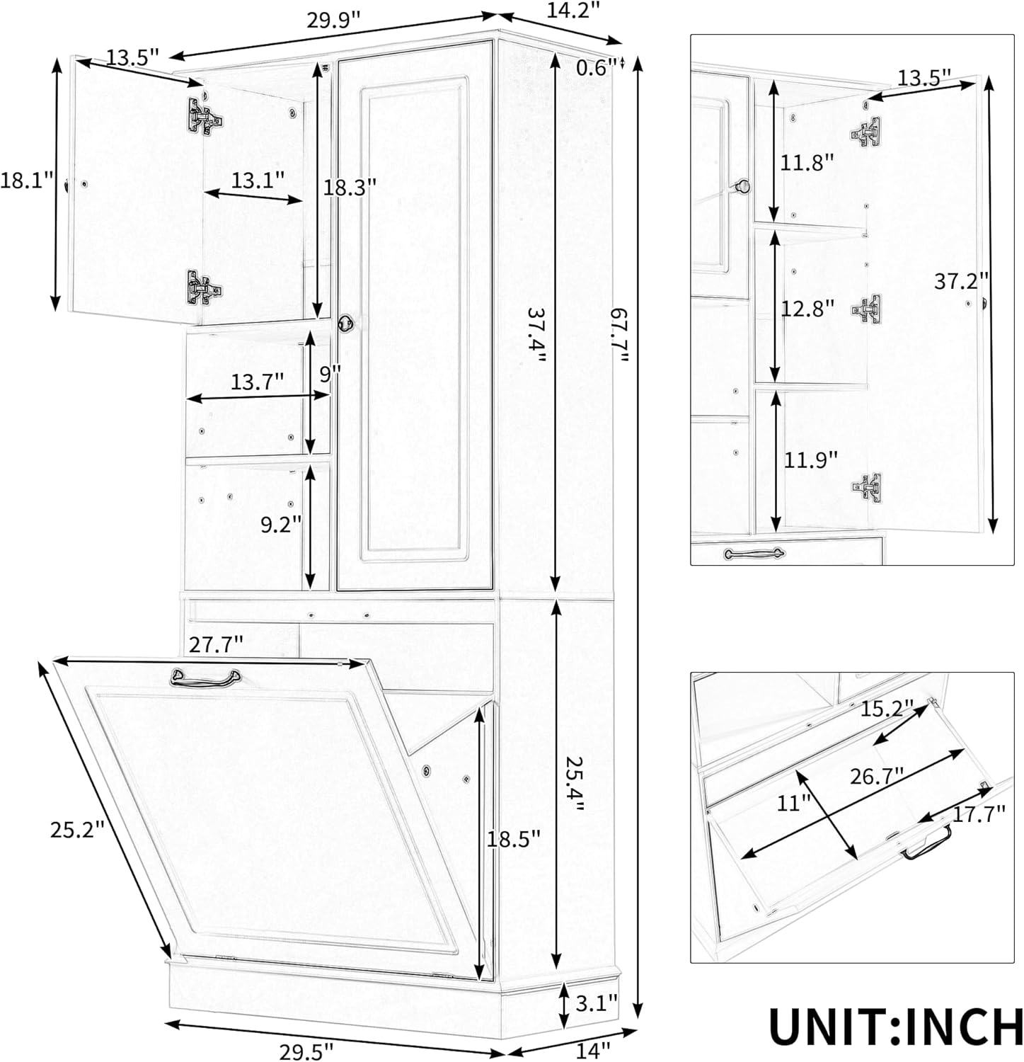 Virubi Tall Laundry Cabinet with Tilt Out Hamper, Wood Tall Laundry Room Cabinets with Doors, and Adjustable Shelves, for Bathroom Storage Organization, Freestanding, White