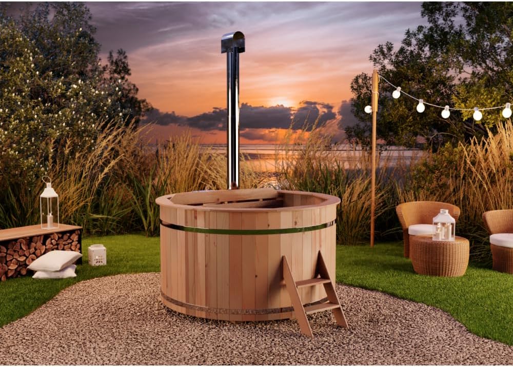 Holz Badefass Bergen, Hot Tub Ø 160 x 110 cm, inkl. Edelstahl-Ofen 22 kW und Einstiegsleiter, 3-4 Personen, Schwimmbecken, Badebottich, Sprudelbad