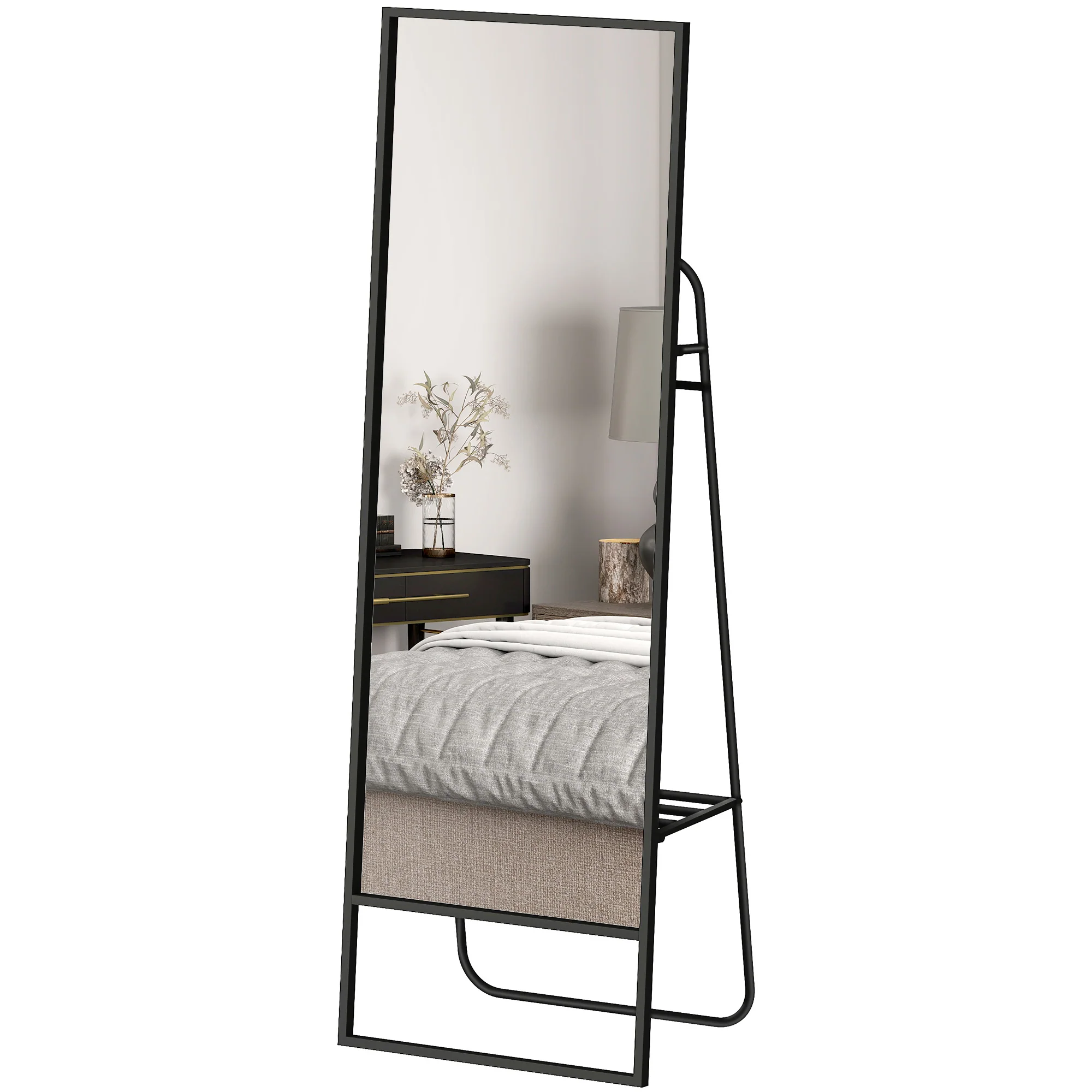 HOMCOM Volledige lichaamsspiegel, industrieel ontwerp, achterplank, 2 haken, metalen frame, voor slaapkamer, 157 x 50 cm, Zwart