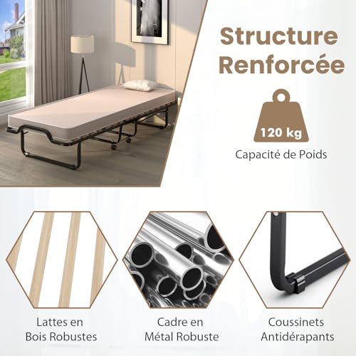 COSTWAY Letto Pieghevole, Beige, 90x200cm Matelas 10cm : Casa e cucina