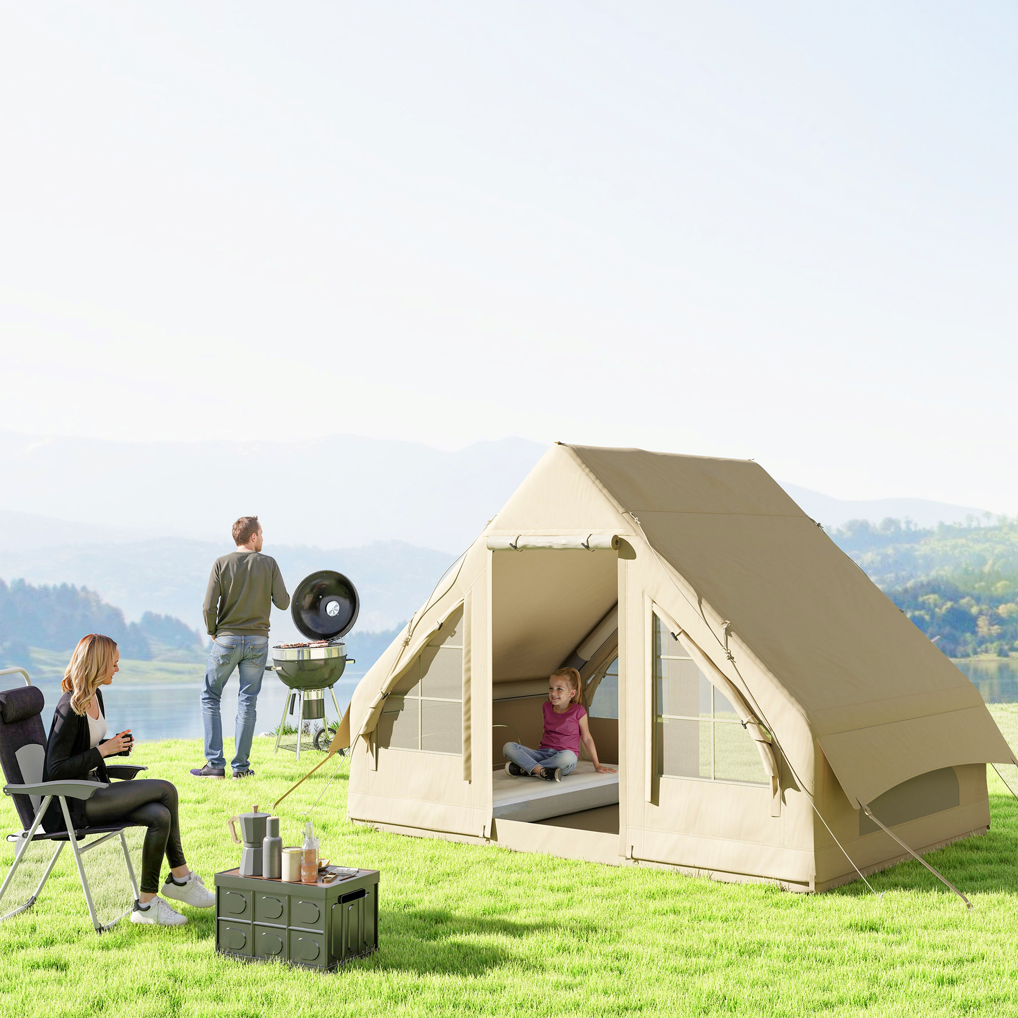 Outsunny Opblaasbare Campingtent, Slaaptent, Oxford-Stof, Netramen, Waterdicht
