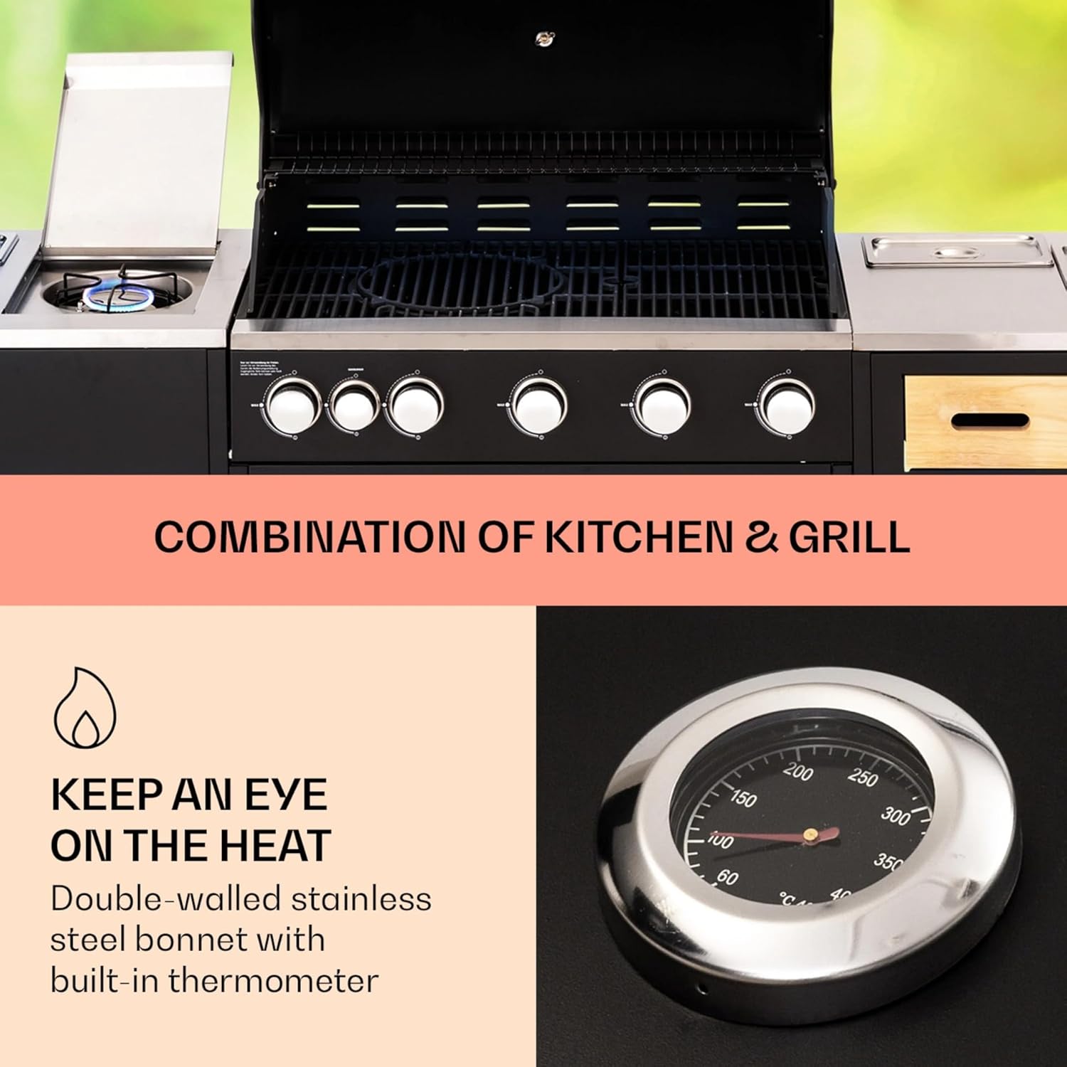 Griglia per barbecue a gas con 5 + 1 bruciatori di alta qualità, con lavello e tavoli da lavoro, 20,7 kW, stazione da cucina per esterni, per raduni, feste in giardino e catering, grande capacità di