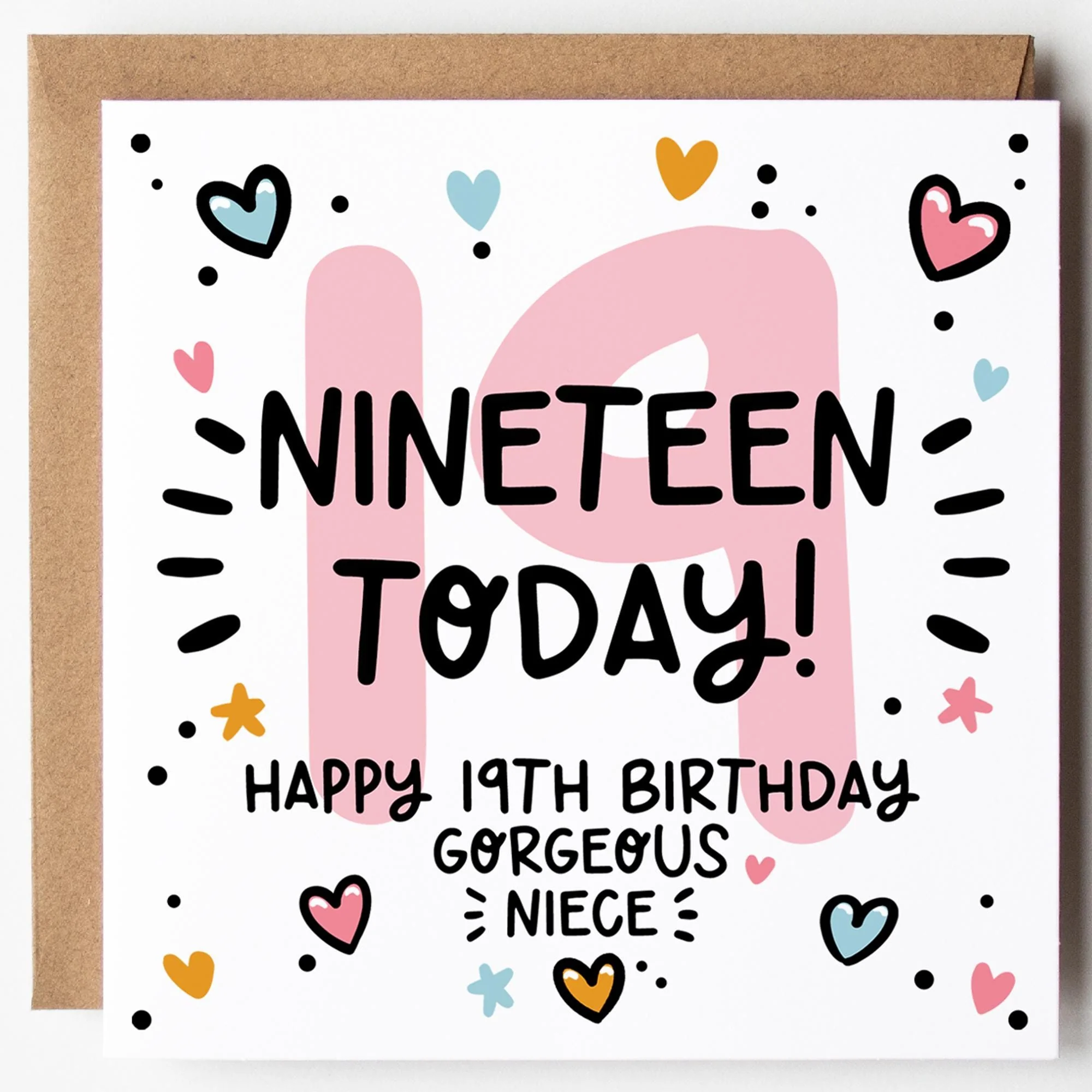 Niece 19th Birthday Card; Nineteen Today, with Kraft Envelope