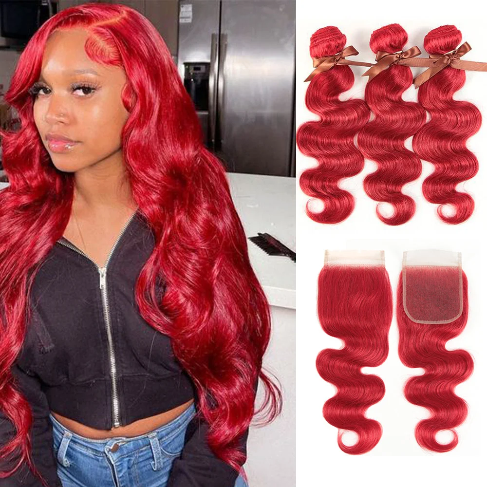 Red Brazilian Body Wave Bundles With 4X4 Closure Remy Hair Weave Bunldes Hair Extensions
