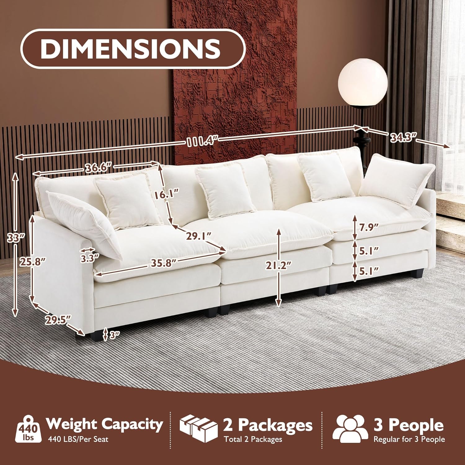 111.4 Inch L-Shaped Modern Sofa Modular Cloud Sofa Ottoman 4-Seater Chenille Deep Seat Sofa