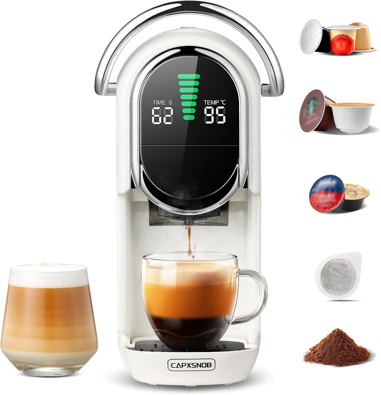 Magician1 Mini Pod Kaffeemaschinen 5 in 1 für Nespresso Original OL, Dolce Gusto, Lavazza A Modo Mio Kapsel, ESE 44 mm Pads und Espresso gemahlener Kaffee, 20 Bar, 1450 W, Heiß/Kaltgebrüht für Zuhause