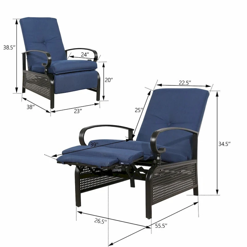 Adjustable Recliner Lounge Chair Patio Lounge Sofa with Cushion - 38 (D) x 26.5 (W) x 38.5 (H) INCH