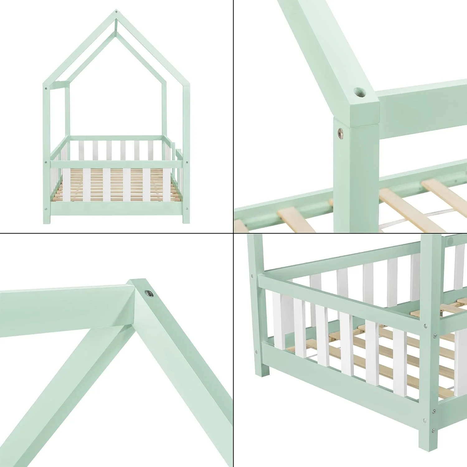 [en.casa] Letto per bambini Sisimiut a capanna 80 x 160 cm con protezione anticaduta letto in legno per bambini letto a terra rete a doghe in legno di pino Bianco opaco