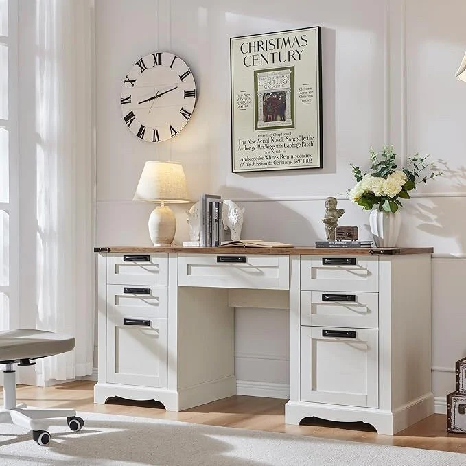 60 Farmhouse Executive Desk, Wood Home Office Desk, Computer Desk