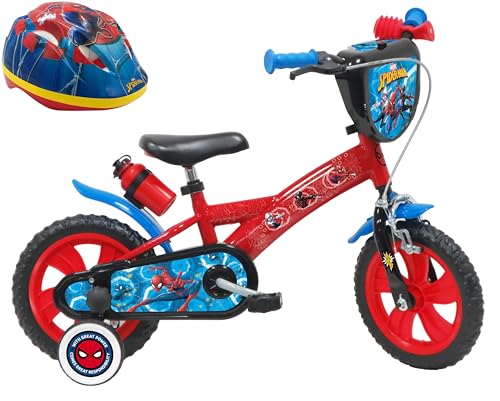A.T.L.A.S. Bicicletta 12'' Spiderman dotata di 1 freno, piastra anteriore decorativa, parafanghi, carter e stabilizzatori.   Casco Spiderman incluso! : Sport e tempo libero