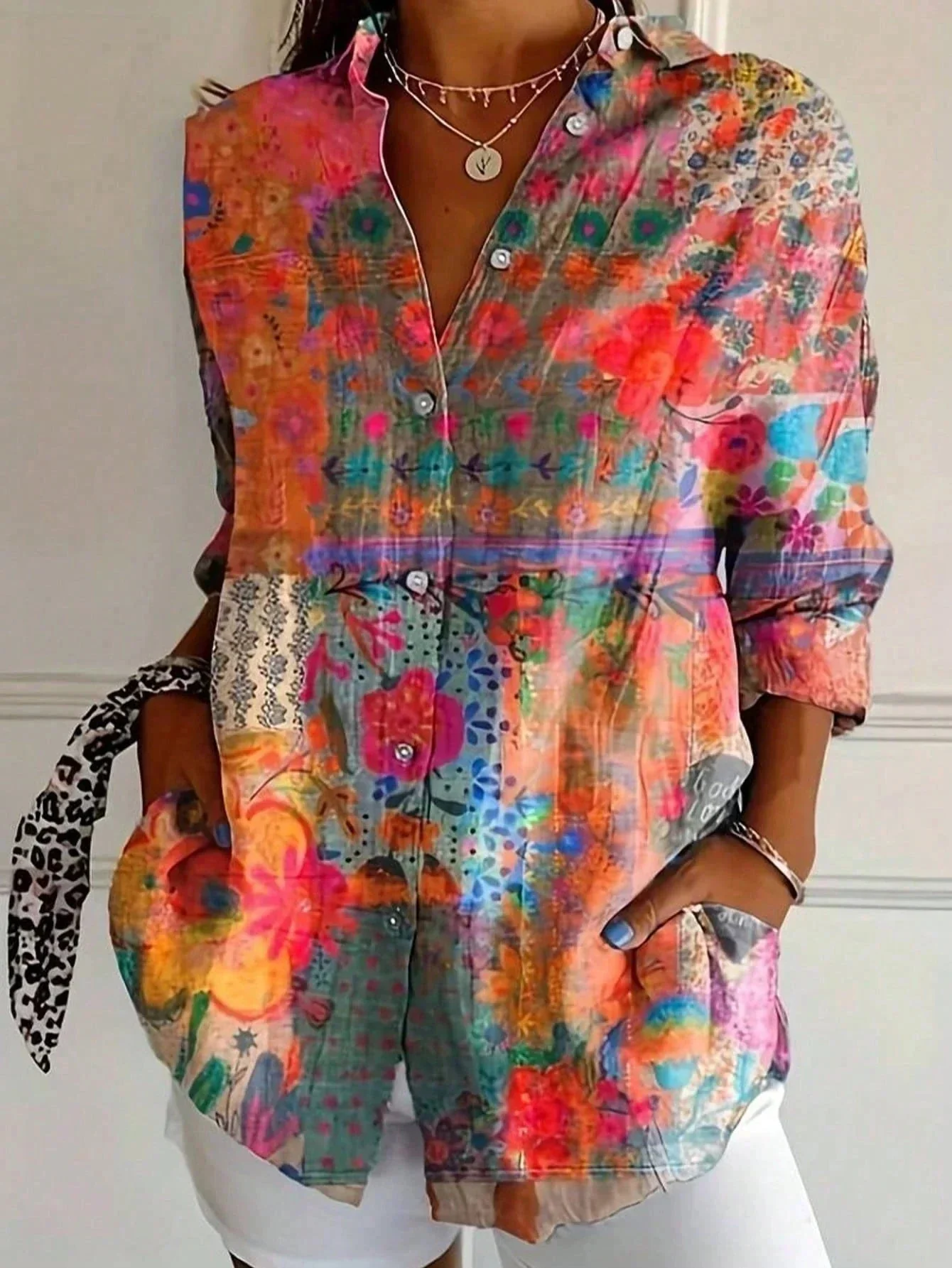 Women��s Colorful Floral Blouse Button Front Design for Summer