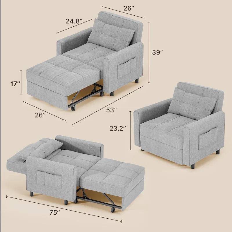 3-in-1 Pull-Out Sofa Bed Sleeper Chair , Convertible Adjustable Foldable Upholstered Lounge Couch
