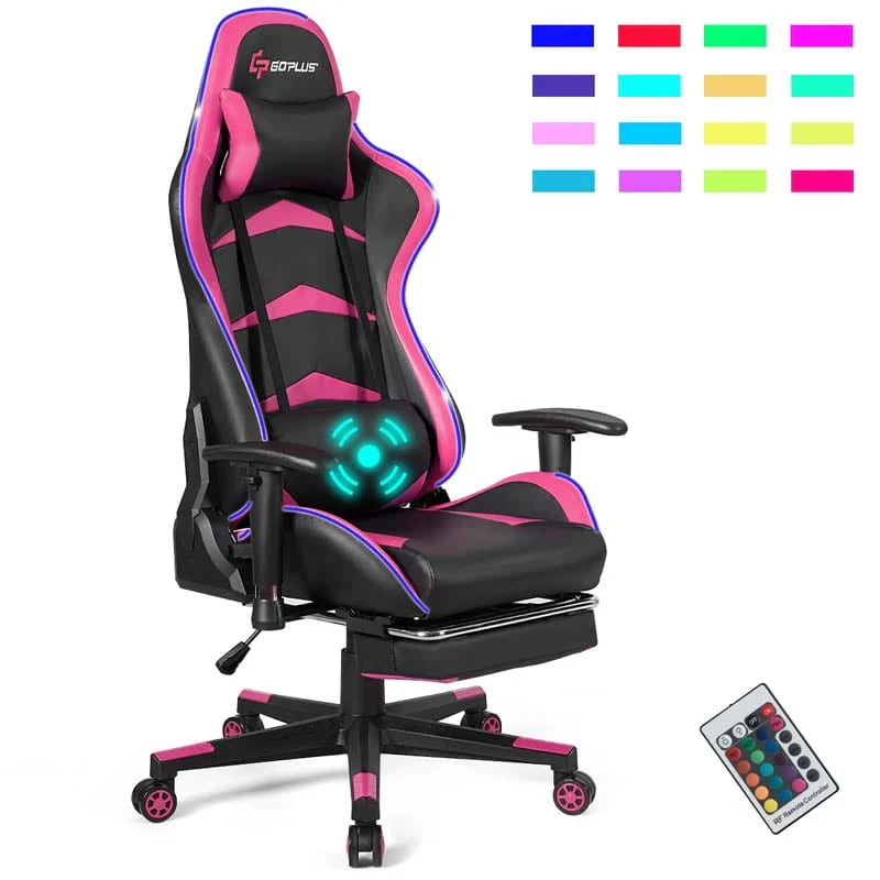 Led Massage Gaming Chair Height Adjustable Racing Computer Office Chair With Footrest Ergonomic High Back Pu Swivel Game Chair - Comfortable And Ergonomic Design