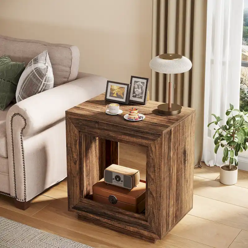 Wood End Table with Storage, Walnut Nightstands for Living Room, Bedroom