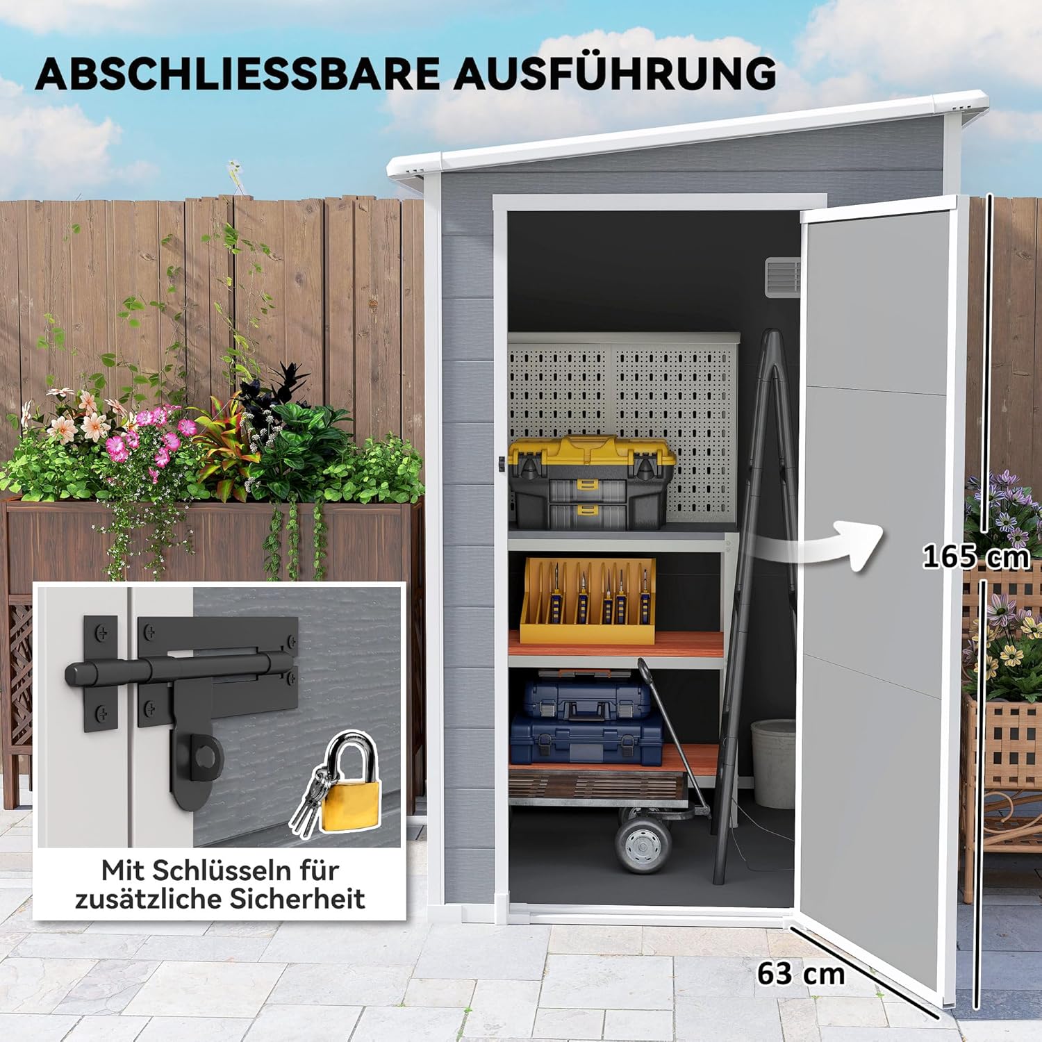 Outsunny Gerätehaus 1,54m³, Gartenhaus mit Pultdach, Boden 122 x 149 x 192/177 cm, wetterfest Geräteschuppen mit Abschließbar Tür, Fenster, Gartenschrank aus Kunststoff, für Hinterhof, Garten, Grau