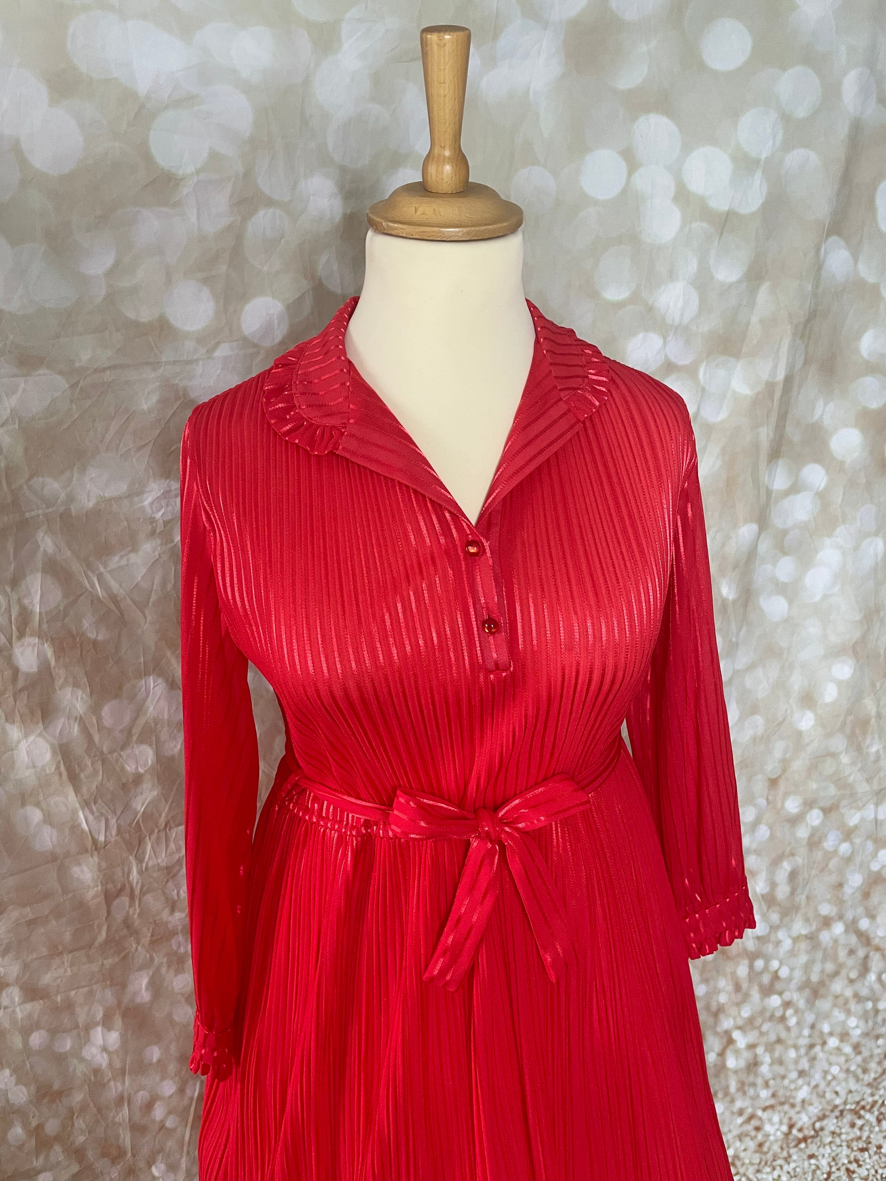 1980s Red Plisse Pleat Shadow Strip Cocktail Dress