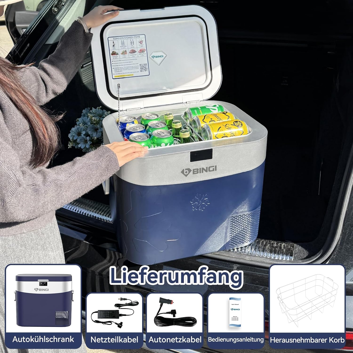 BINGI Kompressor Kühlbox 22L Mini Tragbarer Elektrischer Kühlschrank 12/24V DC Elektrischer Gefrierschrank Tragbarer Gefrierschrank für Auto LKW Picknick Camping und Heimgebrauch