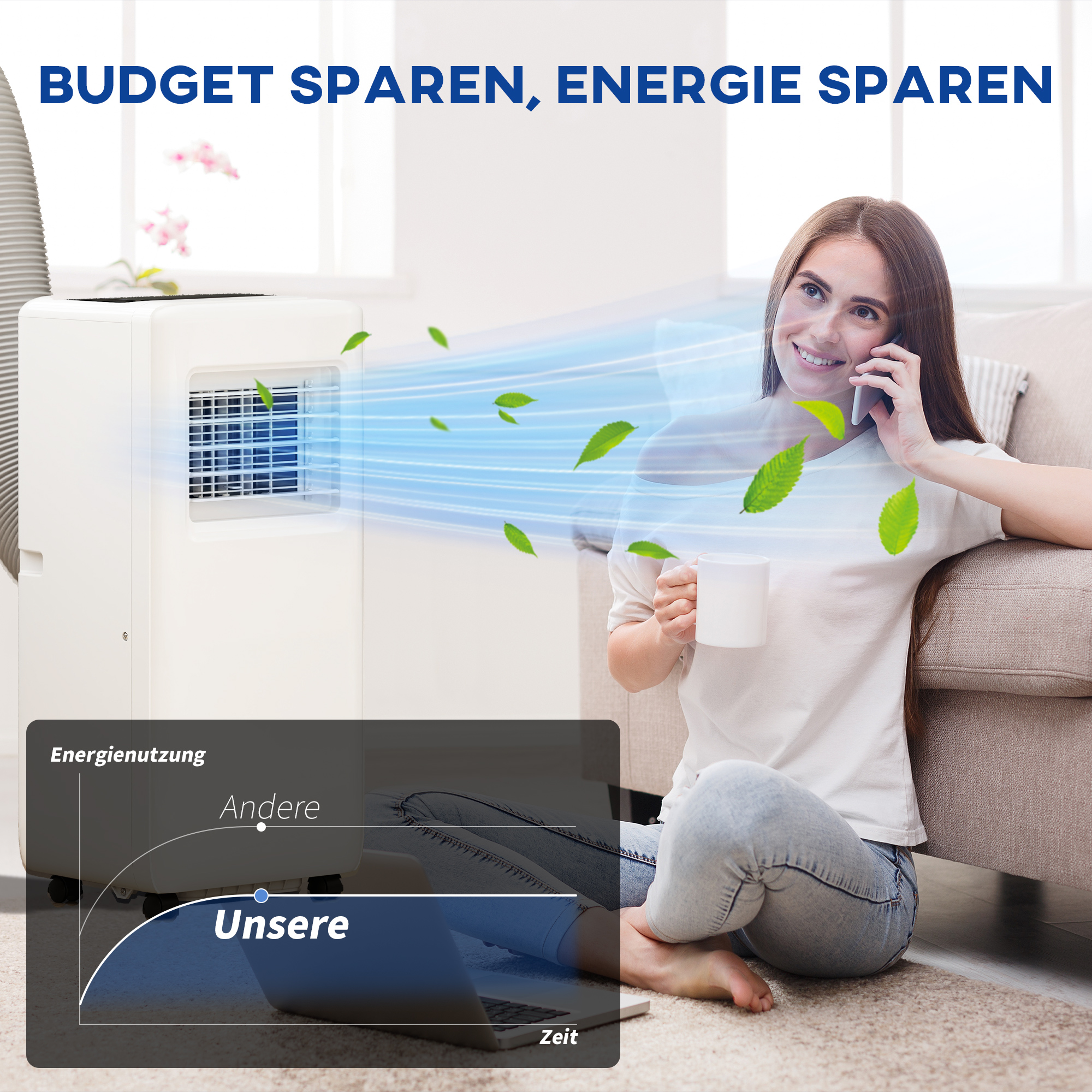 HOMCOM Draagbare Airconditioner met Meerdere Standen, LED-Display, Timer en Wielen, Wit