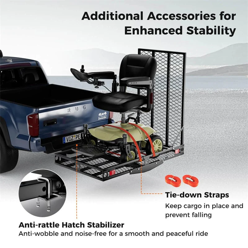 500 LBS Hitch Mount Cargo Carrier with Foldable Ramp, Heavy-Duty Mobility Scooter Wheelchair Carrier for SUV Cars with Stabilizer & 2 Tie-Down Straps